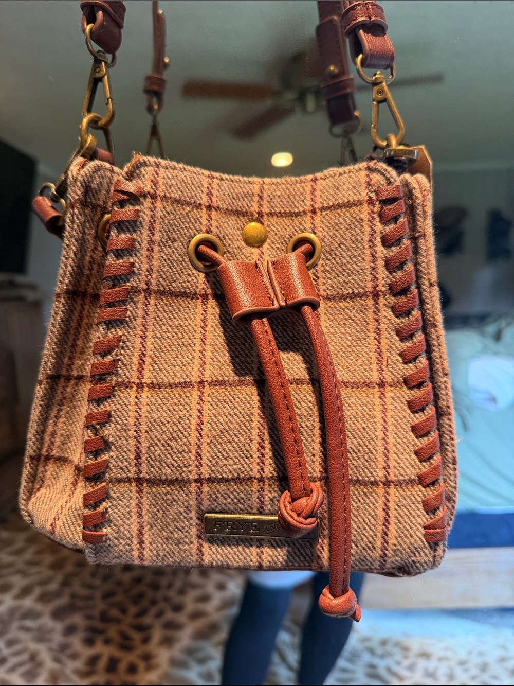 FRYE Tan Plaid Leather-Trim Drawstring Crossbody